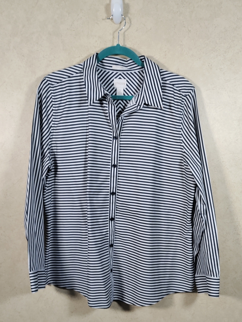 H154 Chico's Indigo & White Striped Button Up Shirt 2 L
